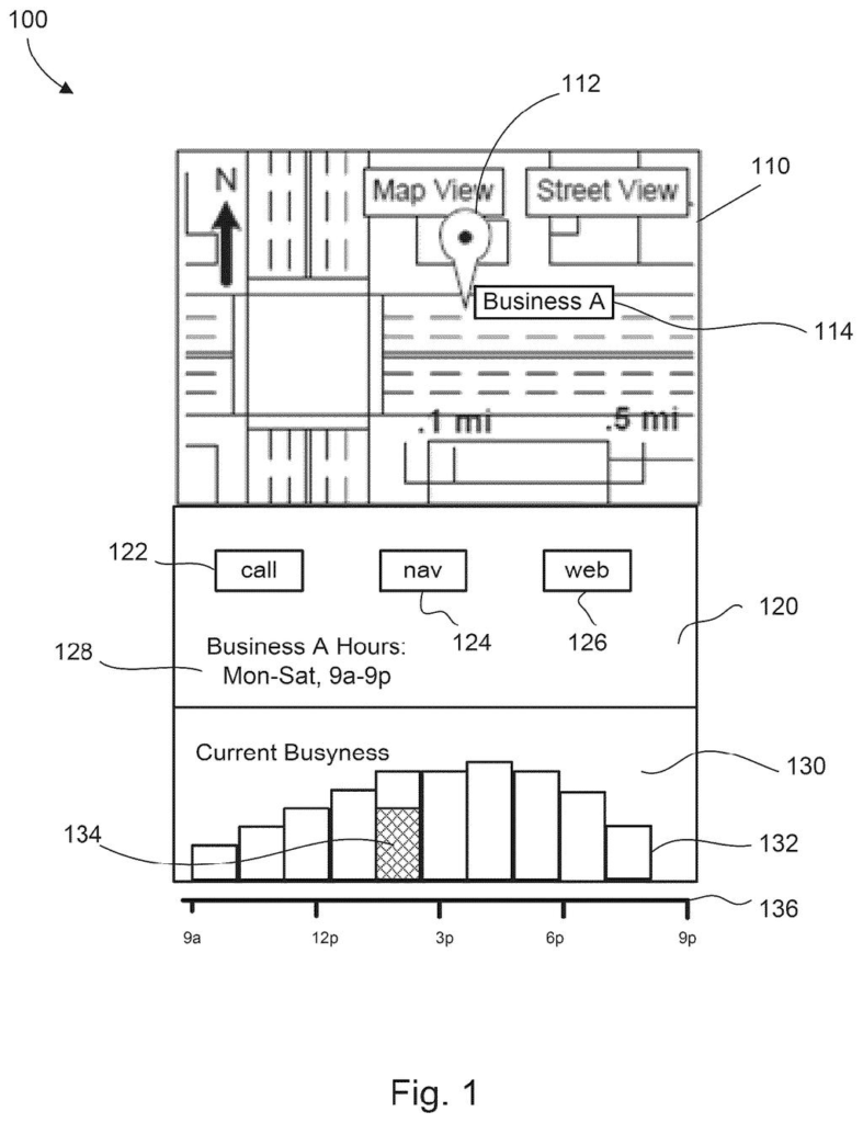 A mobile device screen displays a map with a business location and a graph showing current and typical crowd levels. Drawing from patent filing US 2026/0289588 A1.