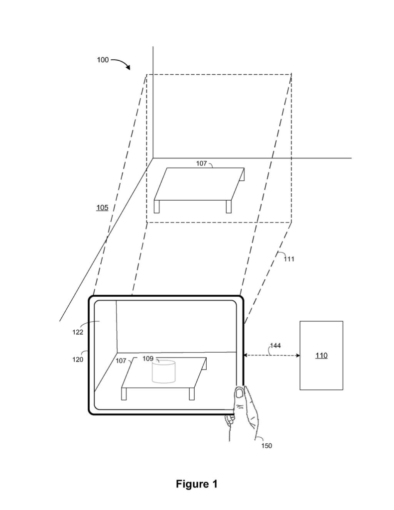 A person holds a tablet displaying a virtual object on a real-world table, demonstrating augmented reality. Drawing from patent filing US 2026/0289719 A1.