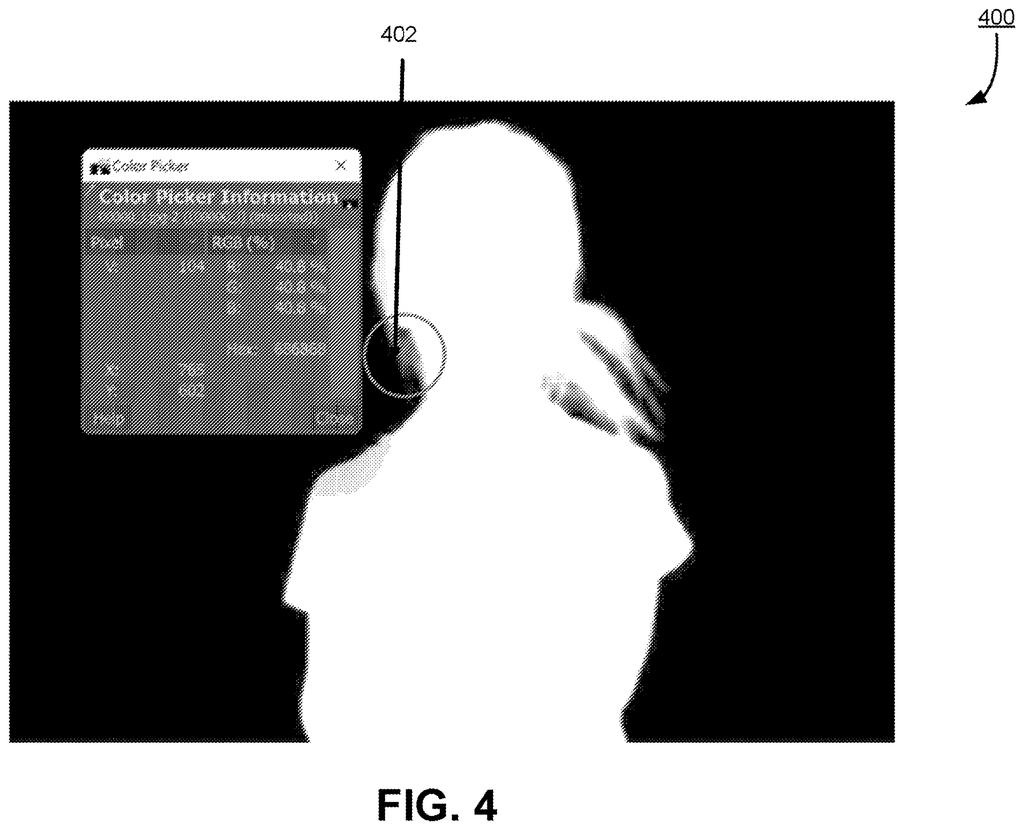 A color picker shows the RGB values for a pixel in a confidence mask, indicating the system's certainty about an object. Drawing from patent filing US 2026/0289736 A1.