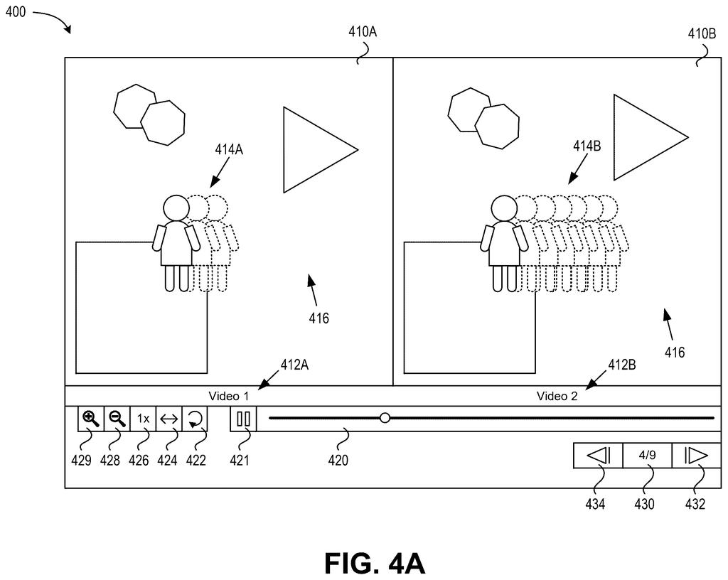 A user interface displays two videos side-by-side, highlighting visual artifacts and providing playback controls for comparison. Drawing from patent filing US 2026/0289757 A1.