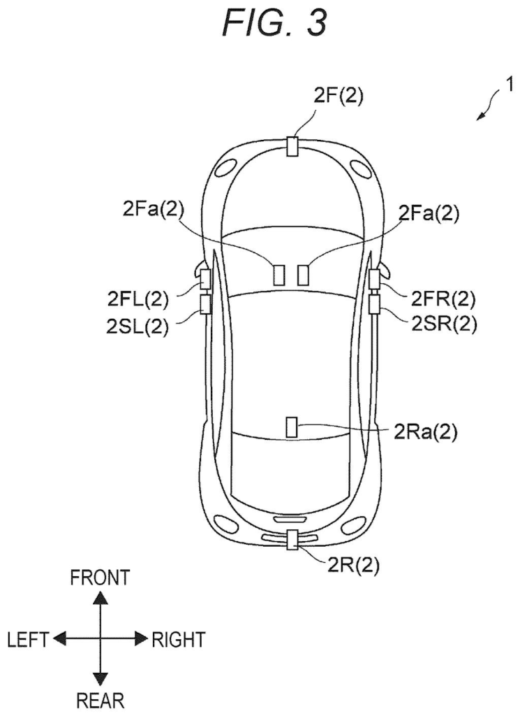 A car with multiple sensors positioned around its exterior, including front, side, and rear locations. Drawing from patent filing US 2026/0289790 A1.