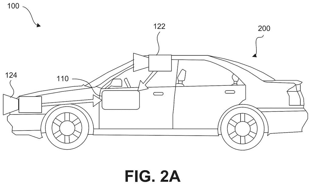 A side view of a car equipped with a camera system for autonomous driving or driver assistance. Drawing from patent filing US 2026/0289807 A1.