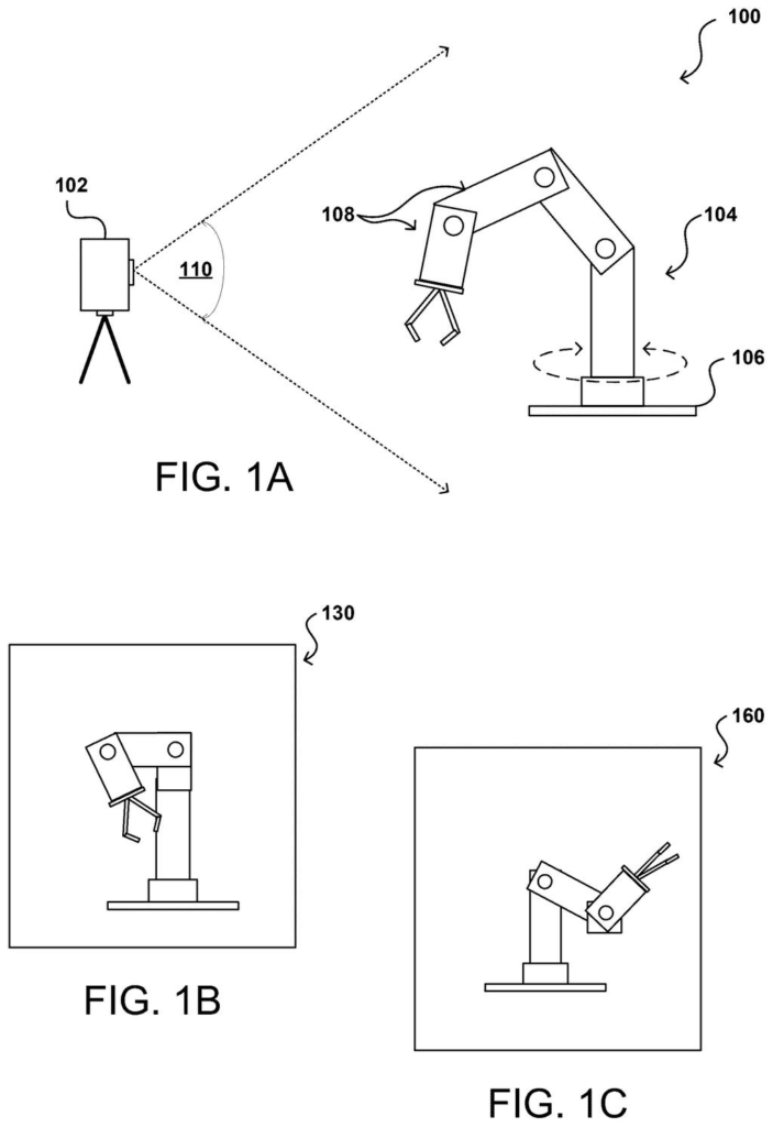 A camera captures an image of a robotic arm, with two examples of captured images shown below. Drawing from patent filing US 2026/0289808 A1.