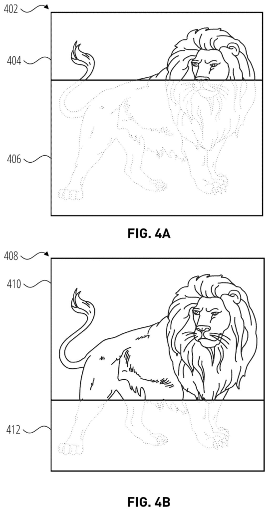 A lion image is progressively rendered, with an initial portion generated and a subsequent portion filled in to complete the picture. Drawing from patent filing US 2026/0289826 A1.