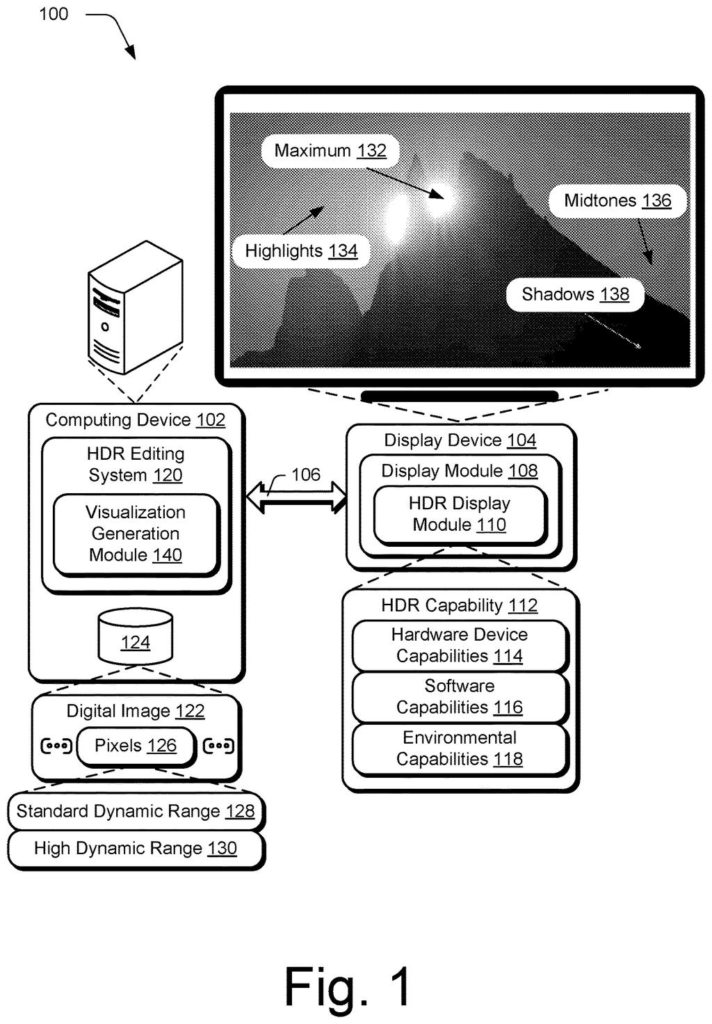 A computing device and display show an image with labels indicating different luminance ranges, from maximum brightness to shadows. Drawing from patent filing US 2026/0289832 A1.