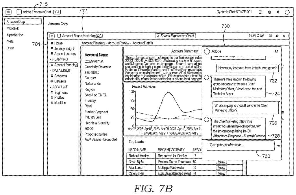 A sales application interface with an AI chat window open, showing questions and responses about sales leads and accounts. Drawing from patent filing US 2026/0289844 A1.