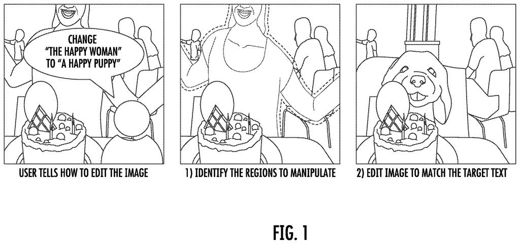 A person gives a text instruction to change "the happy woman" to "a happy puppy" in an image, and the image is edited accordingly. Drawing from patent filing US 2026/0289845 A1.
