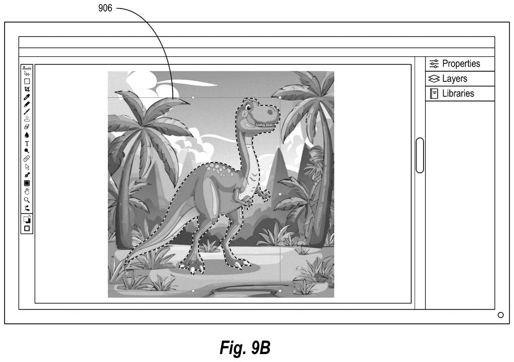 A graphic design application interface shows a dinosaur illustration with a dotted line indicating an AI-driven object selection. Drawing from patent filing US 2026/0289848 A1.