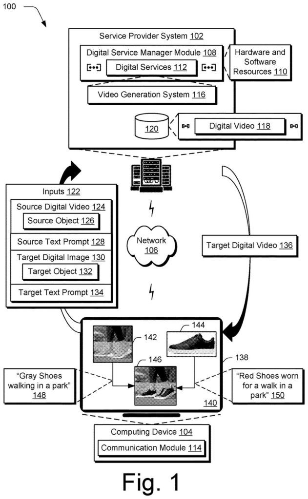 A computing device displays an AI video editing system transforming a video of gray shoes into red shoes based on text prompts. Drawing from patent filing US 2026/0289872 A1.