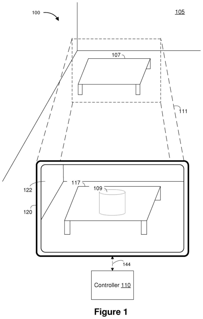 An augmented reality headset displays virtual content, like a cylinder, on a table in a physical room. Drawing from patent filing US 2026/0289904 A1.