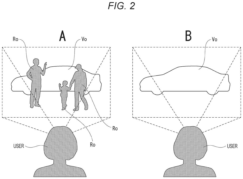 A user's view through augmented reality glasses, showing a virtual car and real people who become transparent when they obstruct the car. Drawing from patent filing US 2026/0289920 A1.