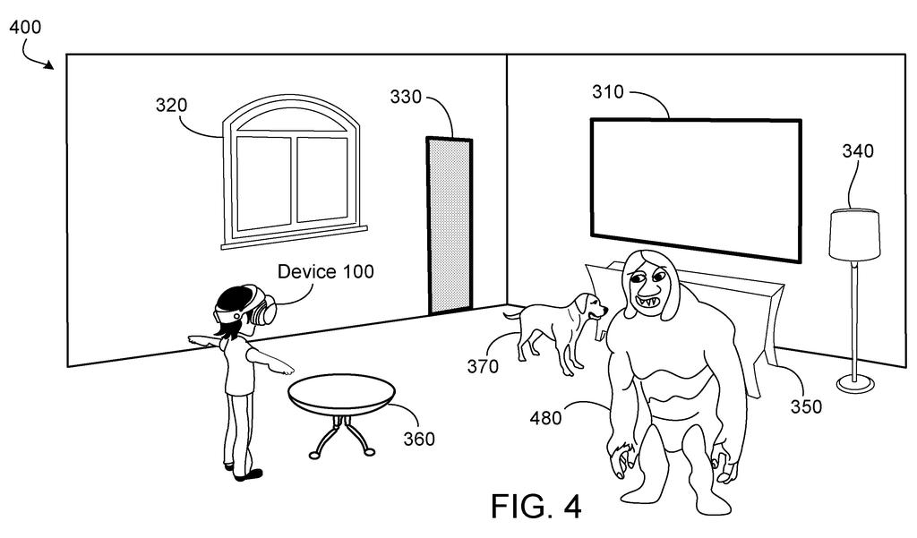 A person wearing a virtual reality headset sees a virtual monster in their physical room, interacting with real-world objects. Drawing from patent filing US 2026/0289921 A1.