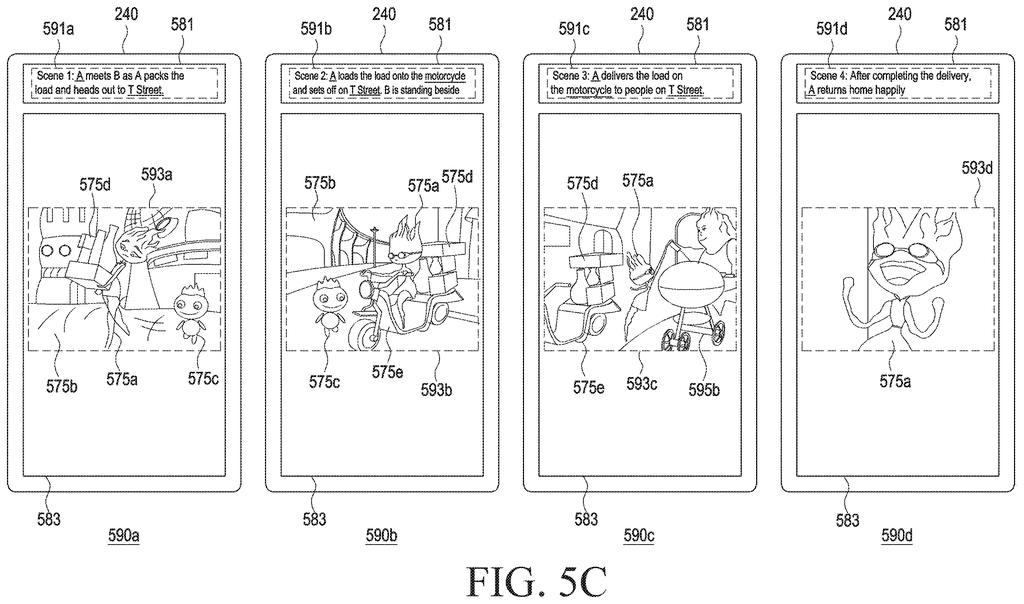 A sequence of four video scenes showing a consistent main character "A" and other elements in a story. Drawing from patent filing US 2026/0290048 A1.