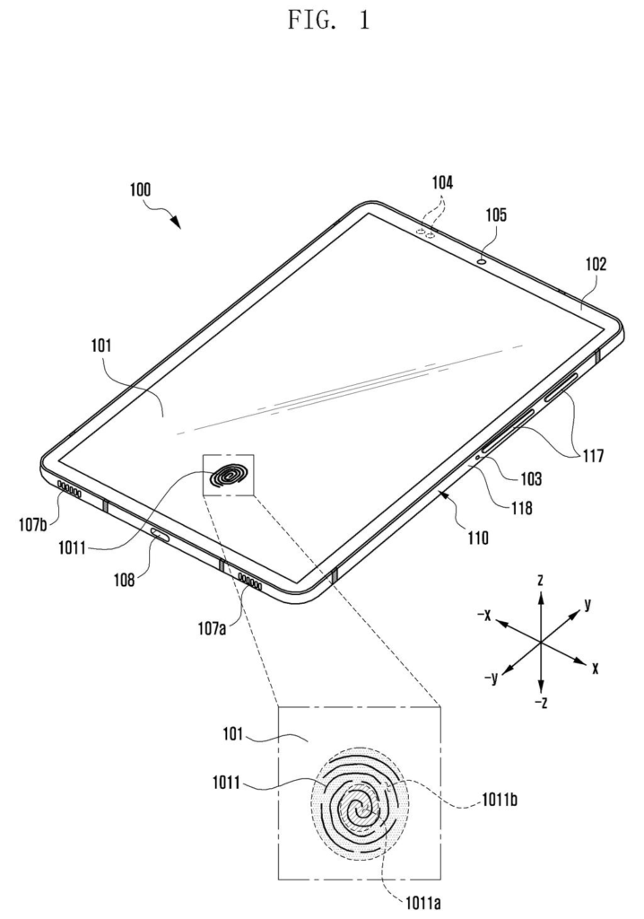 A tablet device with a fingerprint authentication interface displayed on its screen, showing a detailed view of the fingerprint sensor. Drawing from patent filing US 2026/0290067 A1.