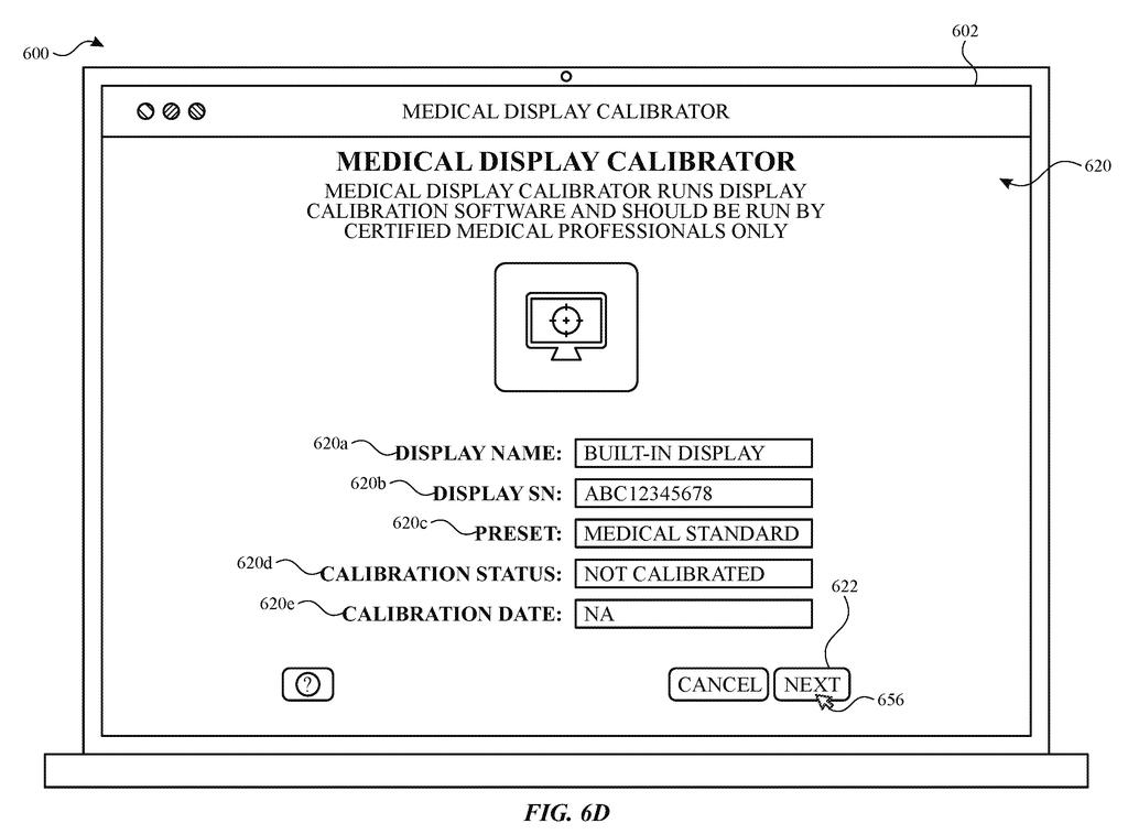 A medical display calibrator interface shows display name, serial number, preset, calibration status, and date. Drawing from patent filing US 2026/0290279 A1.