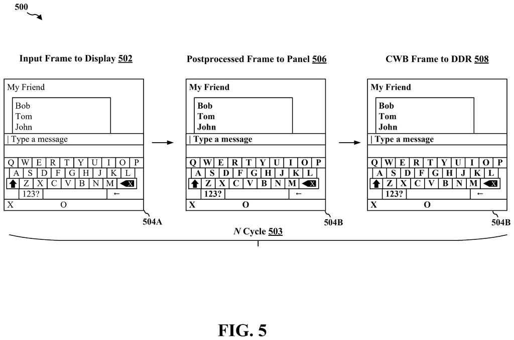 A mobile device display shows an input frame, a postprocessed frame, and a cached frame, highlighting static and dynamic regions. Drawing from patent filing US 2026/0290280 A1.