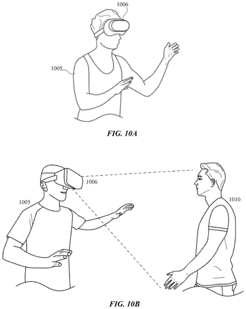 A person wearing a virtual reality headset interacts with another person, demonstrating a social engagement system. Drawing from patent filing US 2026/0290341 A1.