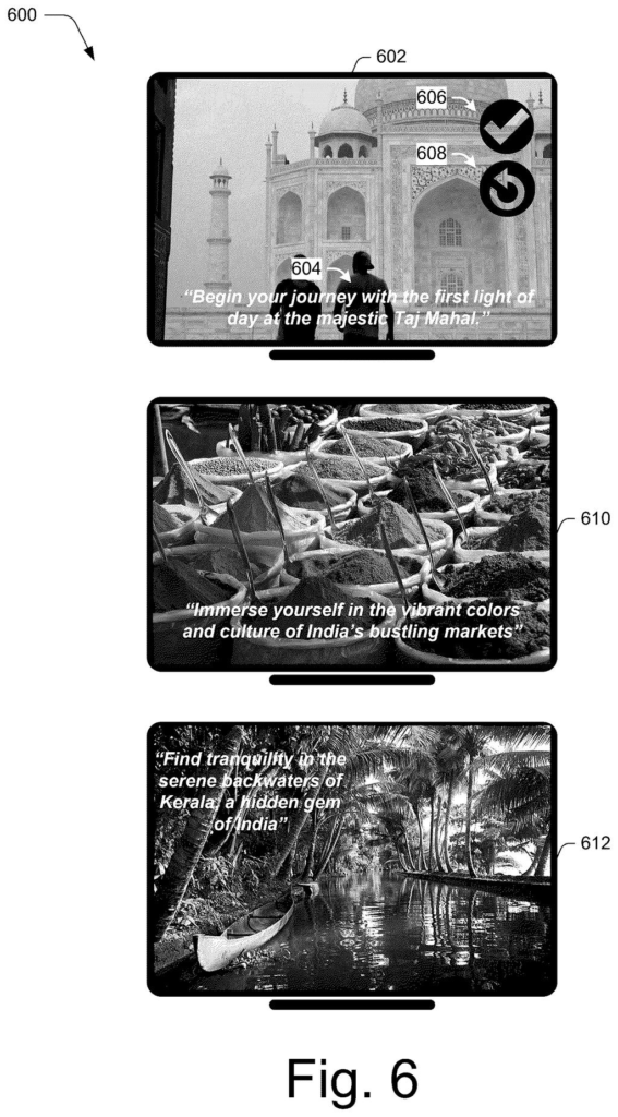 A series of video frames with overlaid narration text, demonstrating the output of the video generation system. Drawing from patent filing US 2026/0290399 A1.