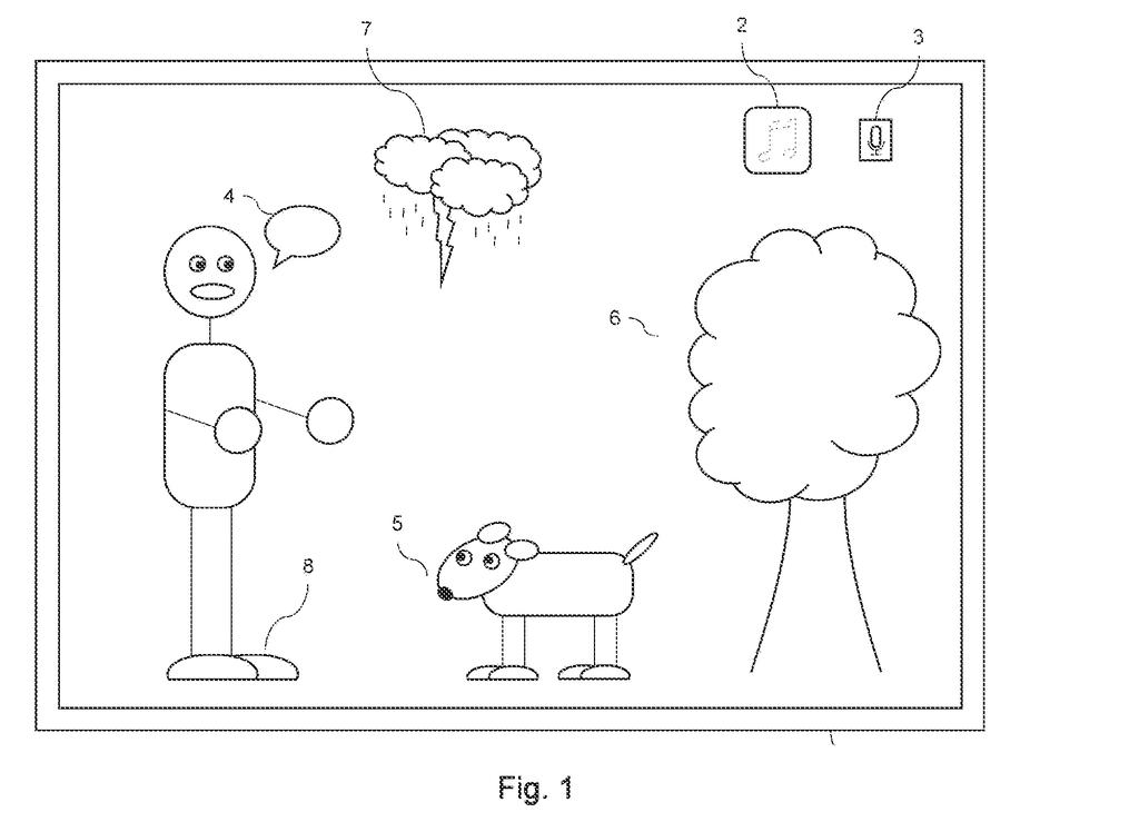 A person, a dog, and a tree in an environment with icons for music and volume, and a cloud with lightning representing sound. Drawing from patent filing US 2026/0290401 A1.