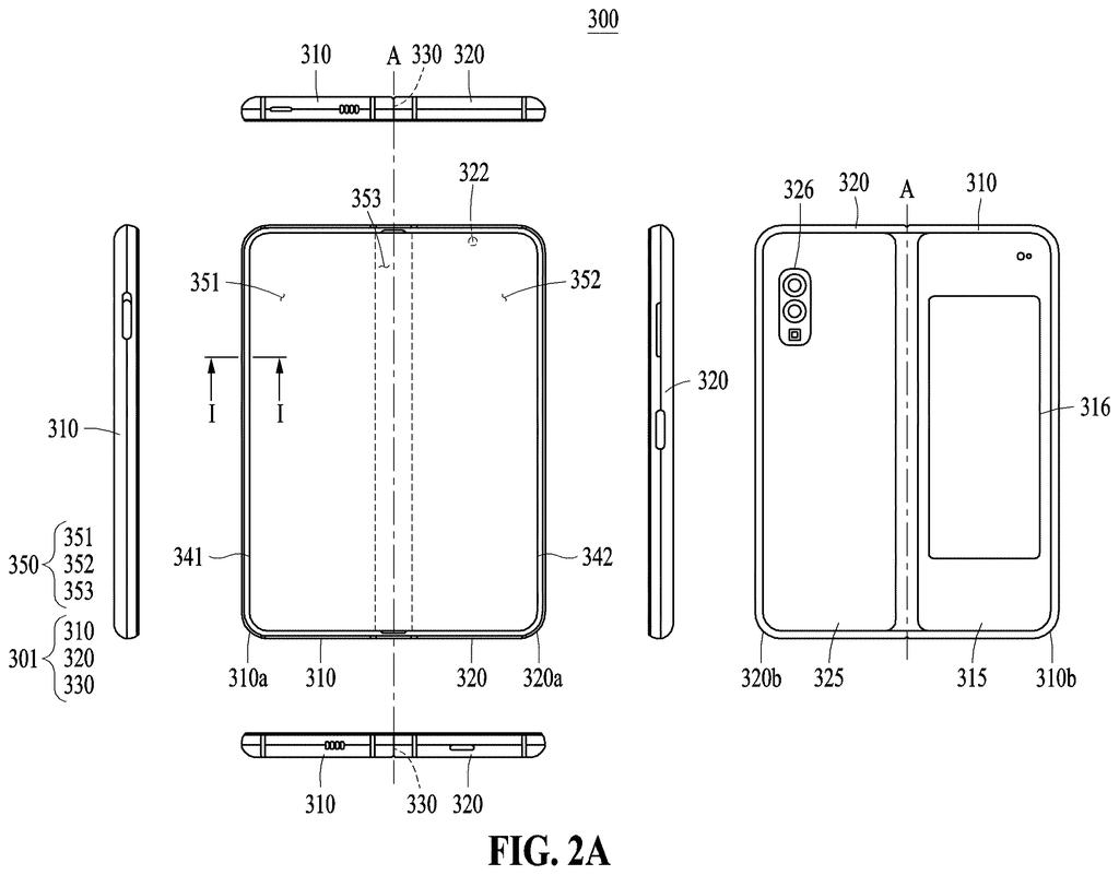 A foldable phone in its unfolded state, showing the two main display panels and a hinge. Drawing from patent filing US 2026/0291048 A1.