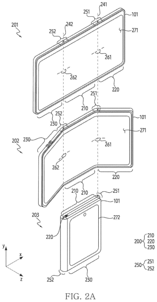 A foldable phone in unfolded, partially folded, and fully folded states, showing its metal frame. Drawing from patent filing US 2026/0291053 A1.