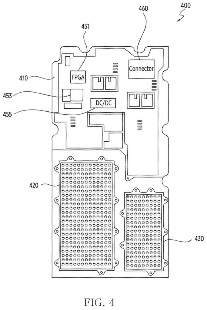 A circuit board for a radio unit, featuring multiple antenna arrays and an FPGA for signal processing. Drawing from patent filing US 2026/0291055 A1.
