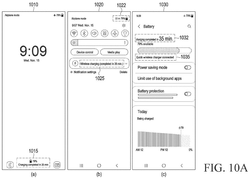 A phone display shows the current time, date, and battery status, with a notification indicating wireless charging is in progress and estimated completion time. Drawing from patent filing US 2026/0291295 A1.