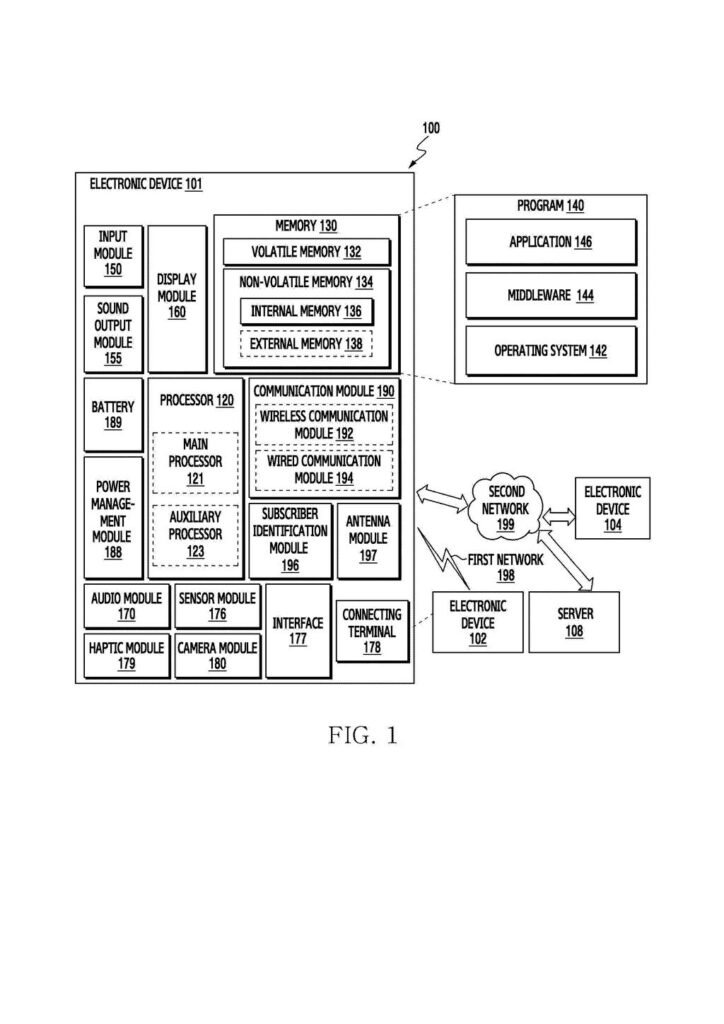 An electronic device's internal components, including memory, processor, and communication modules, interacting with other devices and networks. Drawing from patent filing US 2026/0291516 A1.