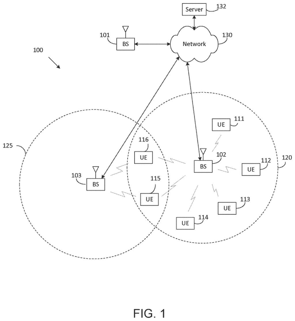 A wireless communication system shows cell towers communicating with multiple phones within their coverage areas, connected to a network and server. Drawing from patent filing US 2026/0291781 A1.