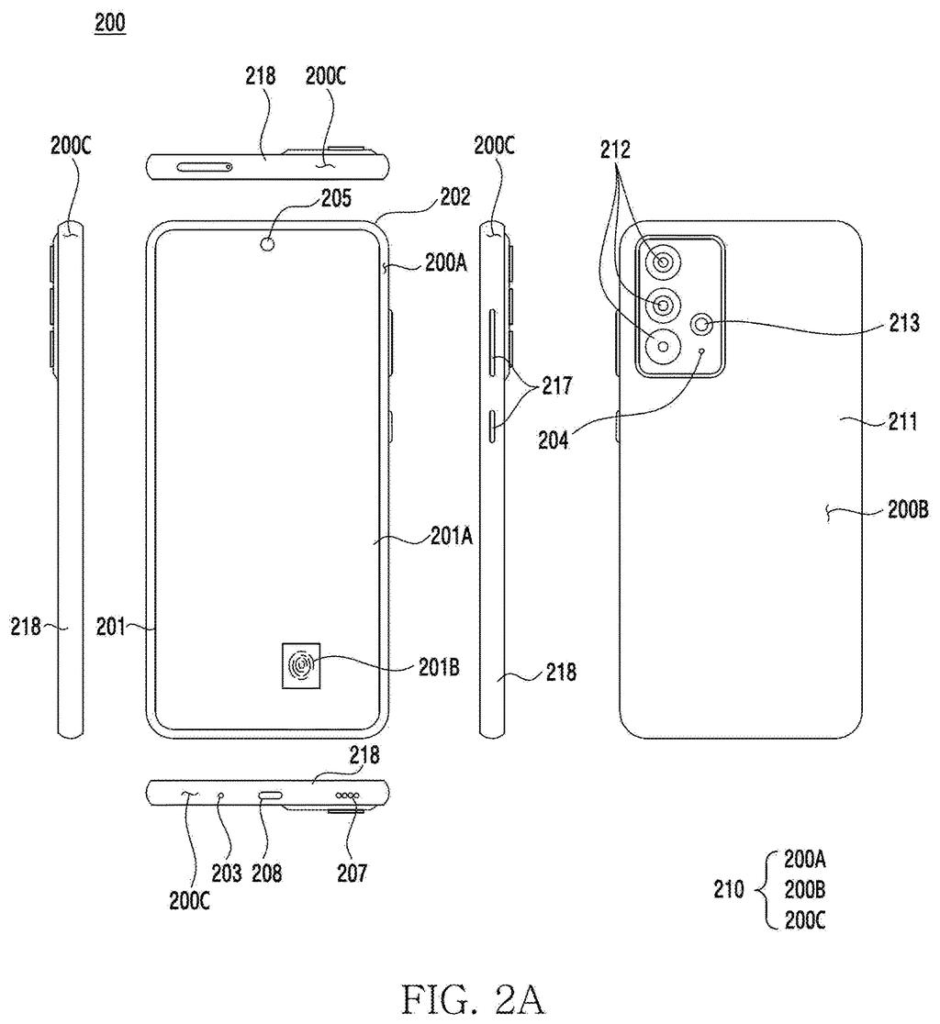 A smartphone is shown from multiple angles, including its front, back, and sides, highlighting the device's overall design. Drawing from patent filing US 2026/0292052 A1.