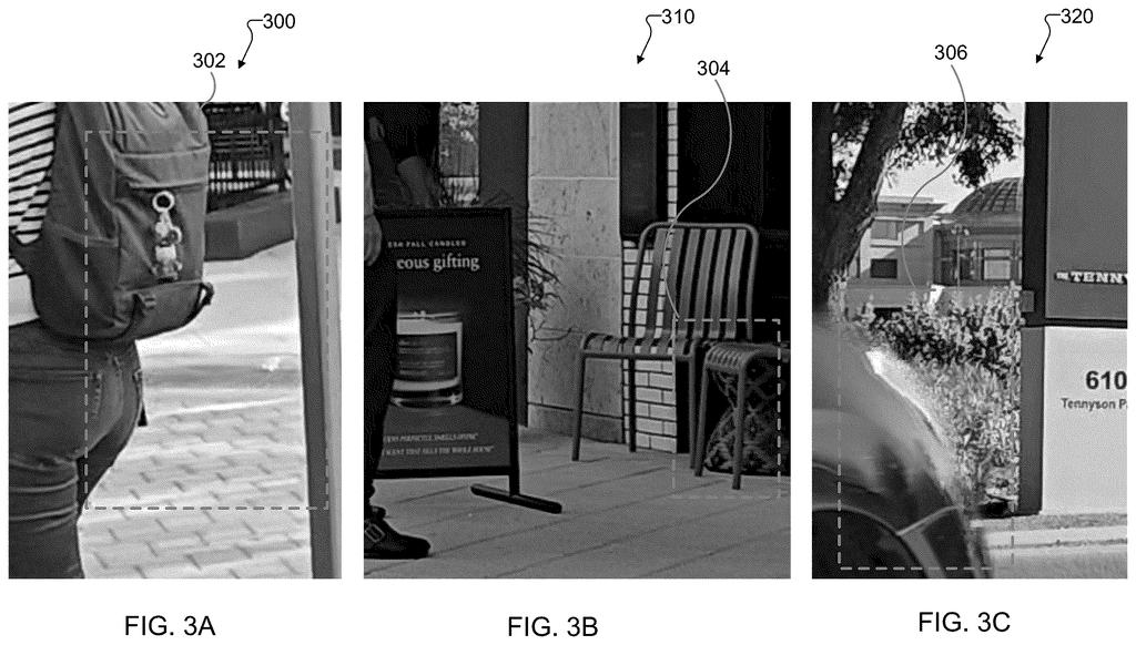 Three examples of video frames, showing a person with a backpack, an outdoor cafe scene, and a car on a street. Drawing from patent filing US 2026/0292098 A1.
