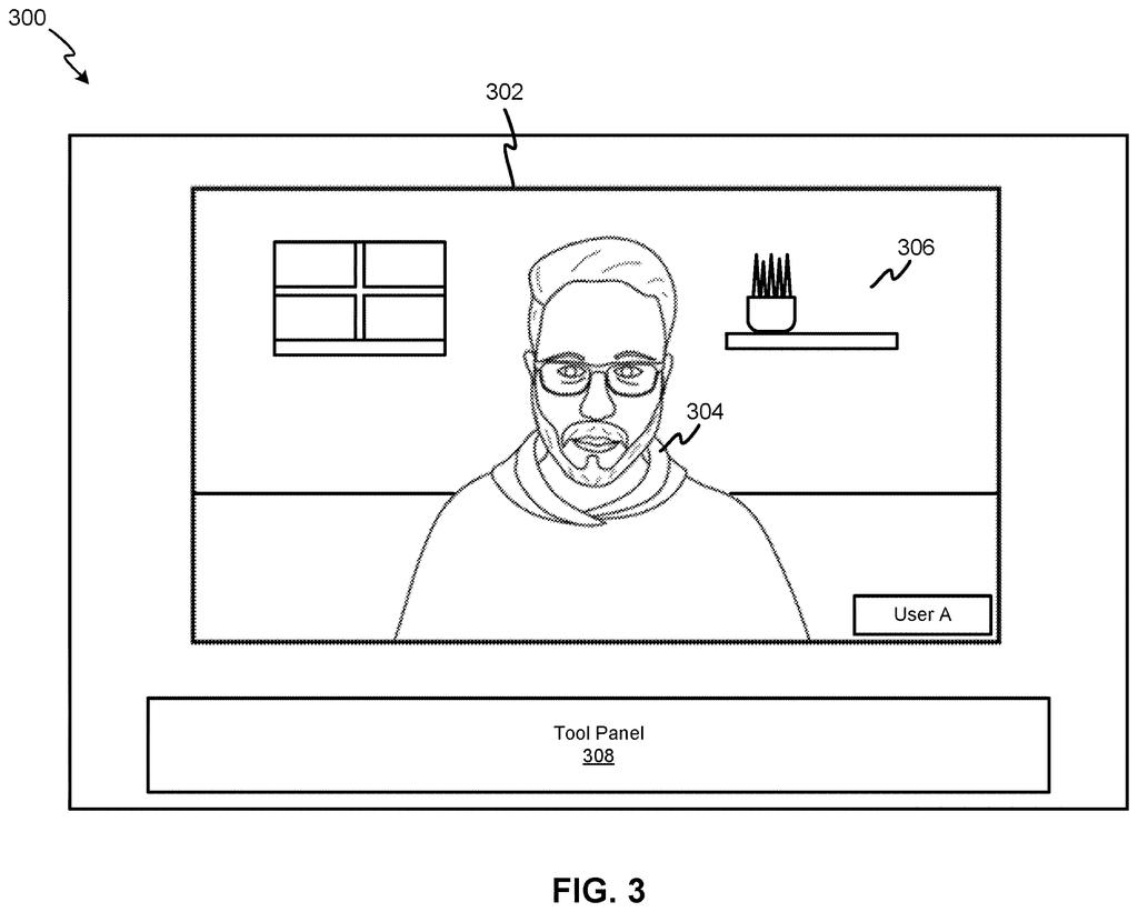 A video call interface displays a participant with a background that can be locked in place by an AI system. Drawing from patent filing US 2026/0292106 A1.