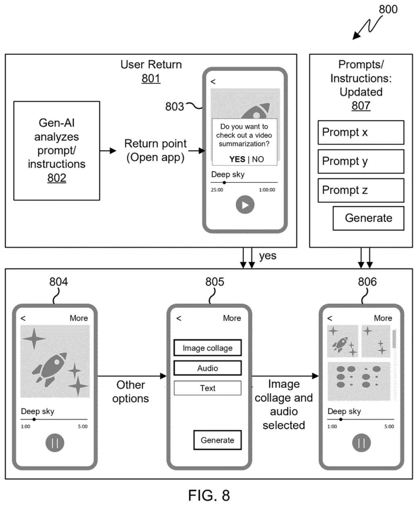 A phone screen displays options for a video summary, including image collage, audio, and text, after a user returns to a paused show. Drawing from patent filing US 2026/0292313 A1.