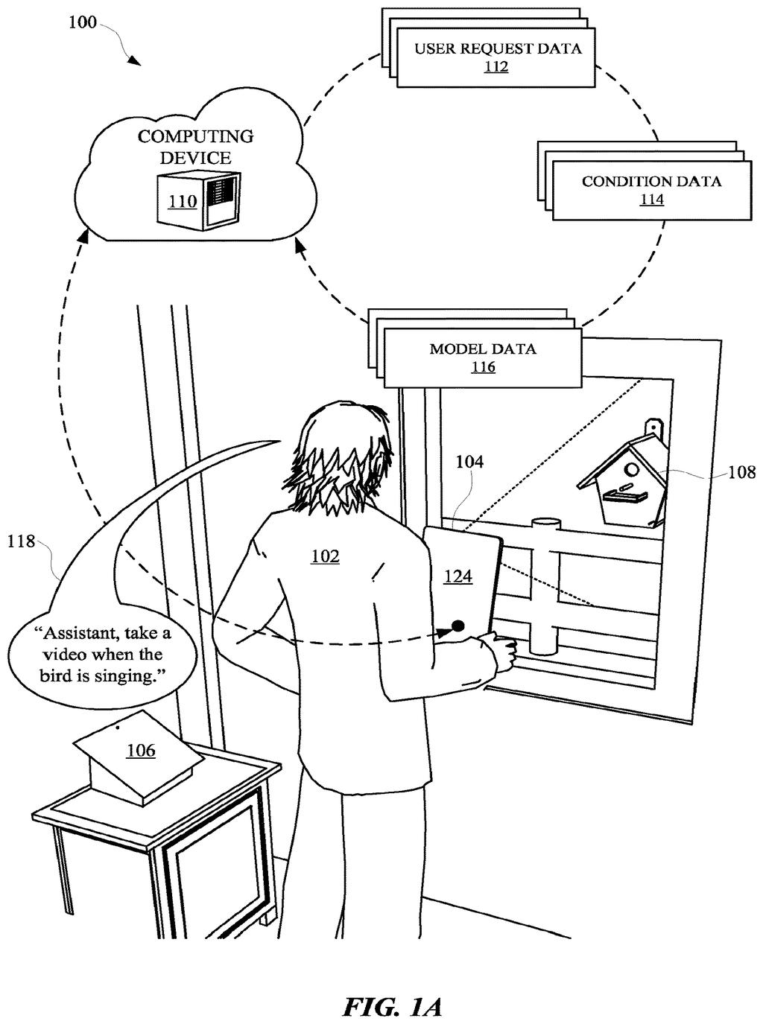 A person asks a smart speaker to record a video with a camera when a bird sings, with data flowing to a cloud computing device. Drawing from patent filing US 2026/0292332 A1.