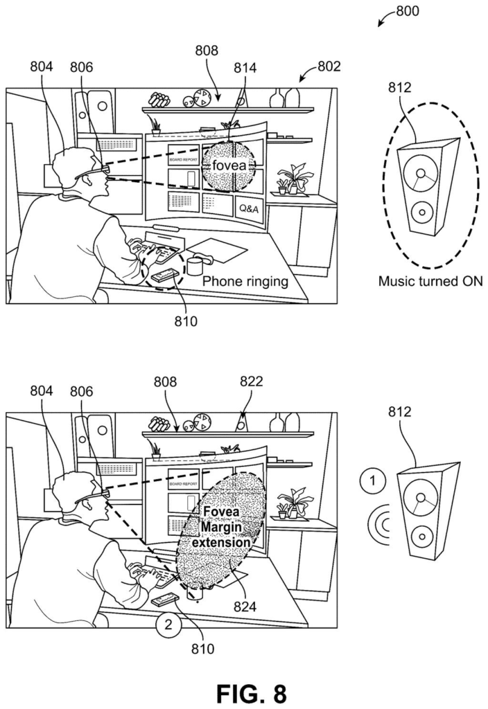 A person wearing a virtual reality headset in an office, with the headset's visual focus area expanding towards a ringing phone. Drawing from patent filing US 2026/0292357 A1.