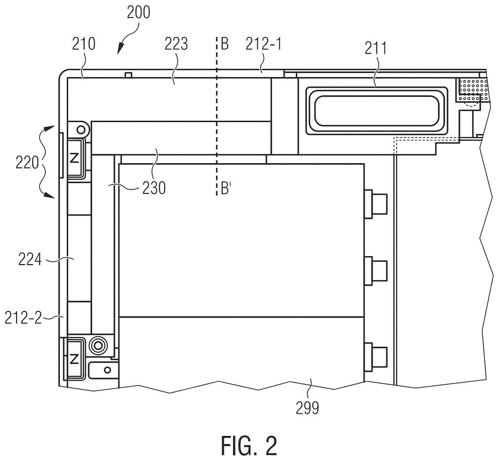 An internal view of a device, showing the antenna assembly and speaker components. Drawing from patent filing US 2026/0292378 A1.