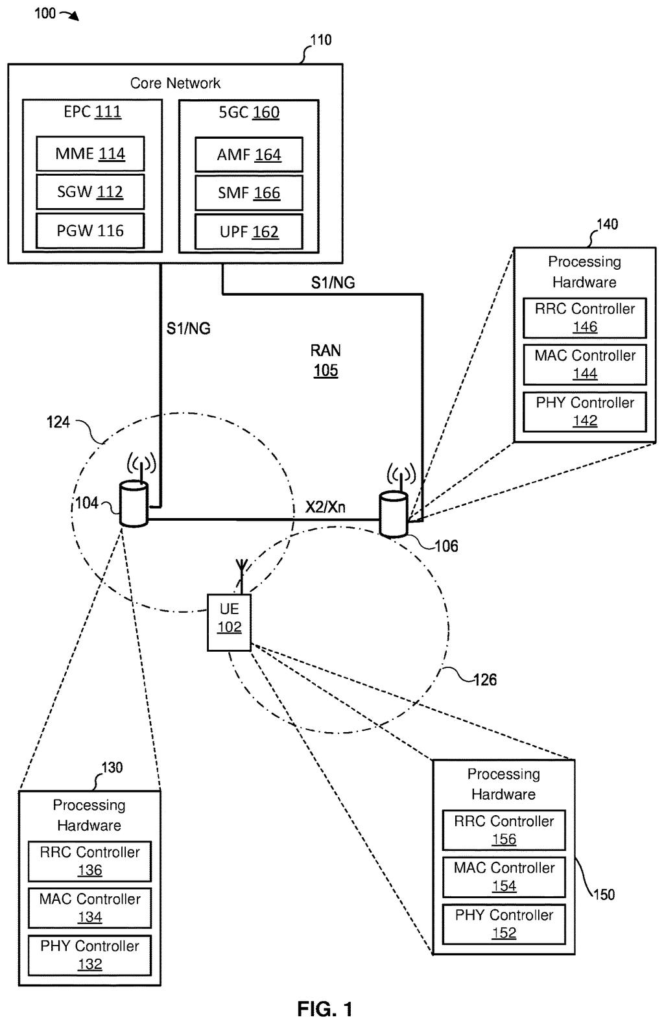 A phone connects wirelessly to cell towers, which are linked to a core network, illustrating the overall communication system. Drawing from patent filing US 2026/0292601 A1.