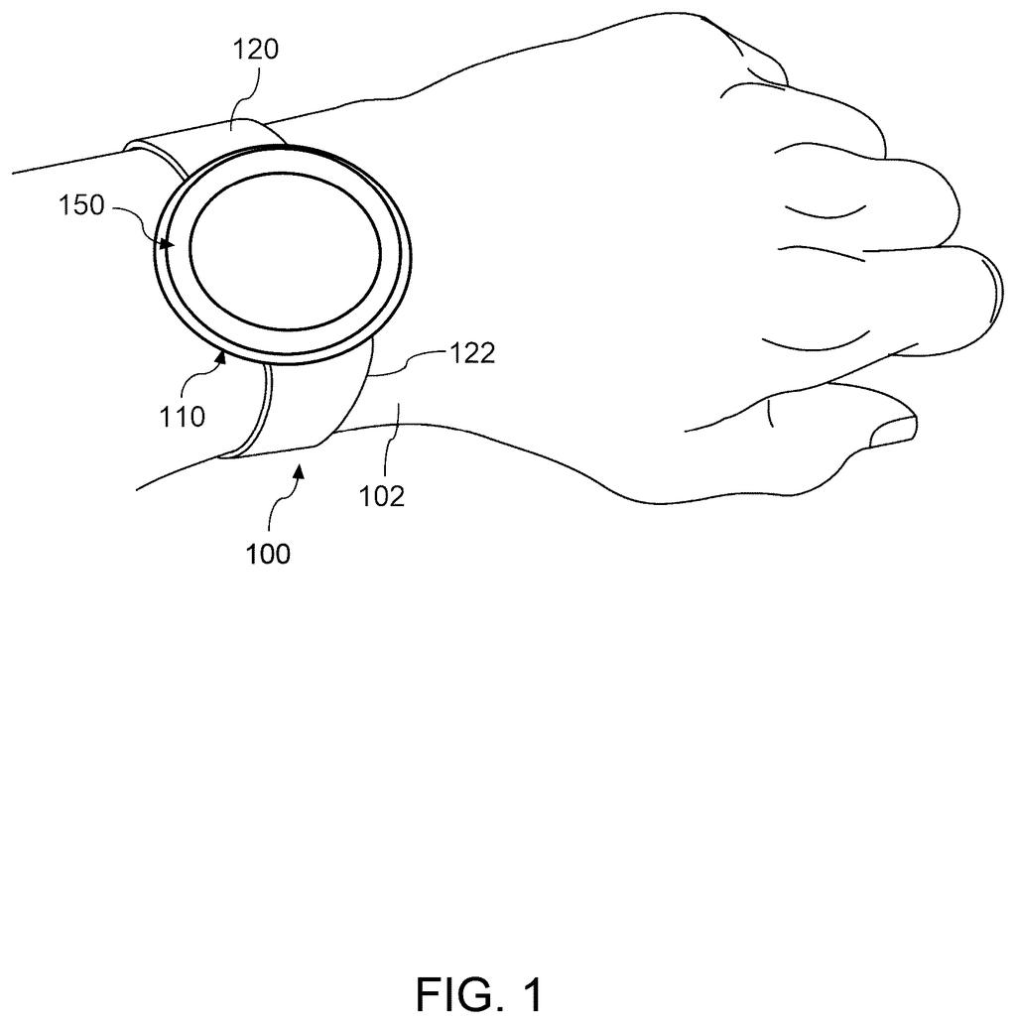 A smartwatch worn on a person's wrist, with an oval display and a band. Drawing from patent filing US 2026/0294263 A1.