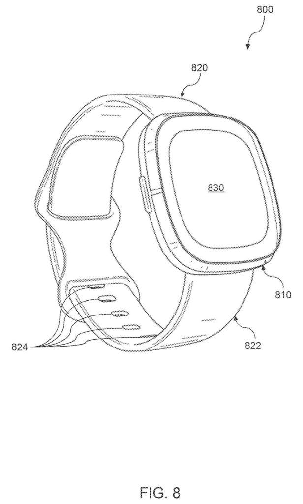 A smartwatch, a wearable computing device, with a display and a band. Drawing from patent filing US 2026/0294278 A1.