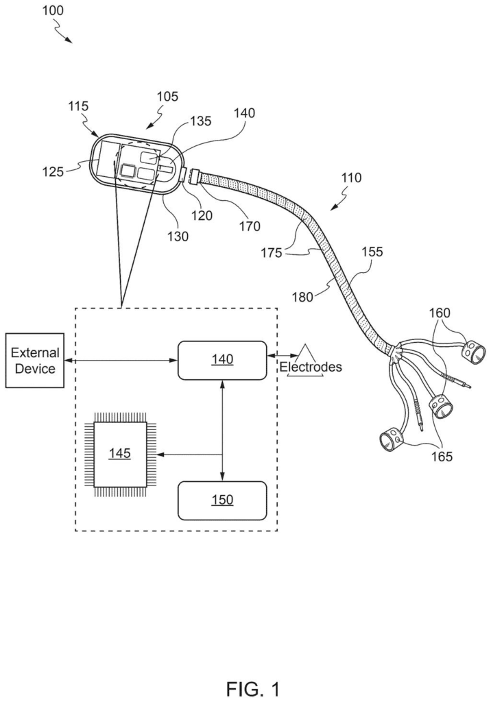 A brain implant system with an external device connected to electrodes that can be inserted into the brain. Drawing from patent filing US 2026/0294347 A1.