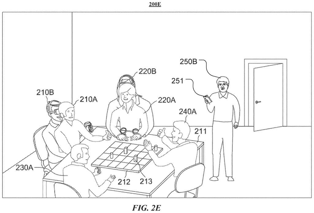 A group of people playing a board game in a virtual space, with one person interacting via a phone. Drawing from patent filing US 2026/0295410 A1.