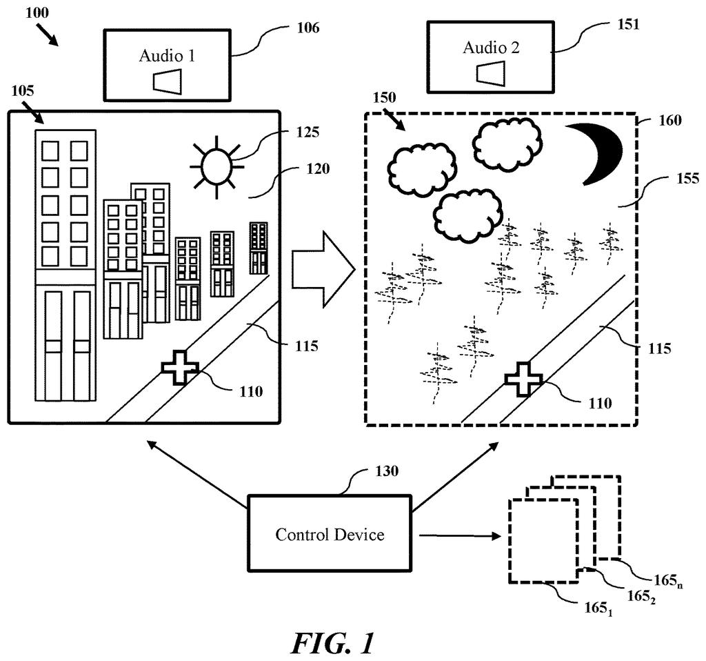 A game scene transforms from a daytime city with buildings to a nighttime scene with clouds and a moon, influenced by a control device. Drawing from patent filing US 2026/0295411 A1.