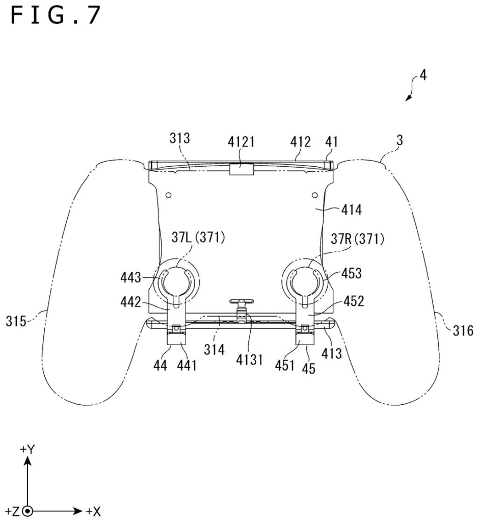 A motorized clip-on device attached to a game controller, showing how it physically interacts with the controller's joysticks. Drawing from patent filing US 2026/0295446 A1.
