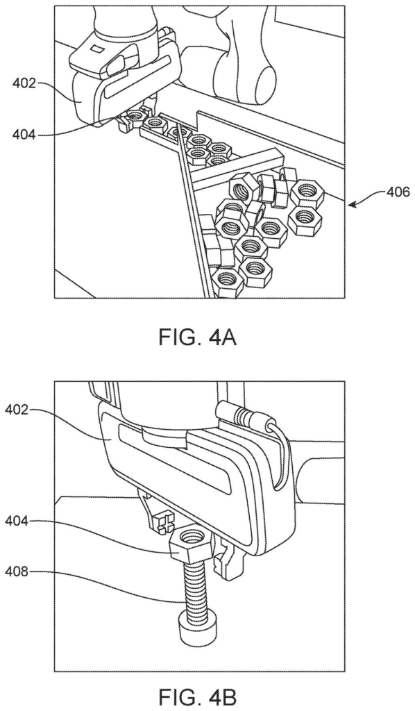 A robot arm with a gripper picks up a nut from a tray of fasteners, and holds a bolt. Drawing from patent filing US 2026/0295823 A1.