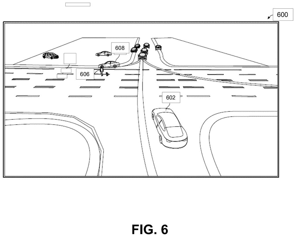 A self-driving car navigates a complex intersection with other vehicles and a pedestrian. Drawing from patent filing US 2026/0296484 A1.