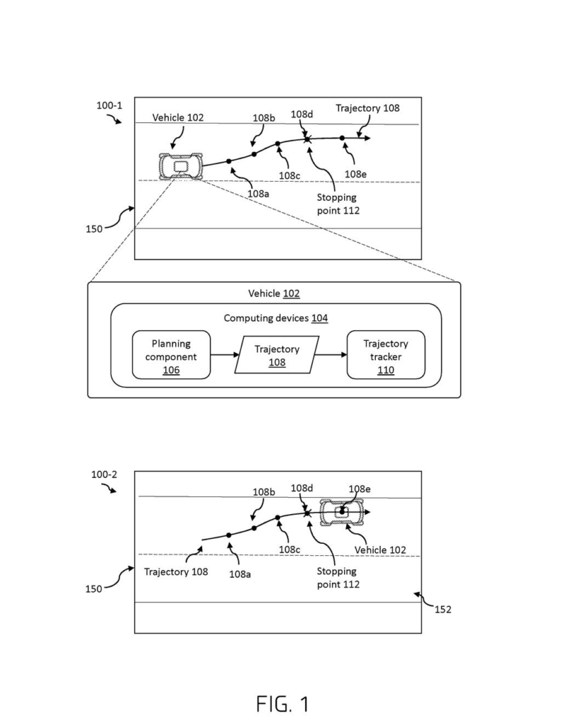 An autonomous vehicle follows a planned trajectory with a stopping point, guided by its internal computing devices. Drawing from patent filing US 2026/0296492 A1.