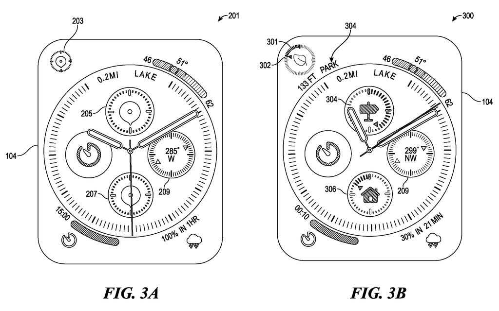 A smartwatch display shows different watch faces with complications for weather, activity, and location information. Drawing from patent filing US 2026/0298652 A1.