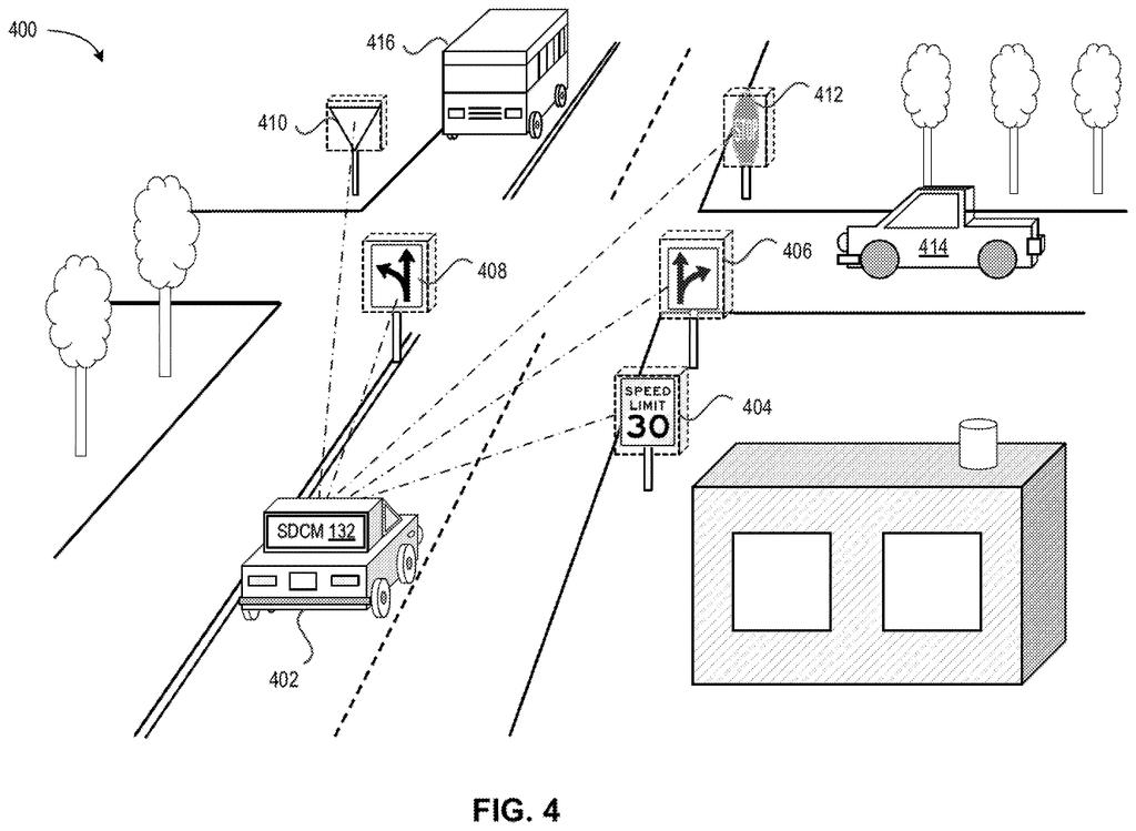 A self-driving car uses its two-sensor system to detect and interpret multiple traffic signs on a road. Drawing from patent filing US 2026/0299088 A1.