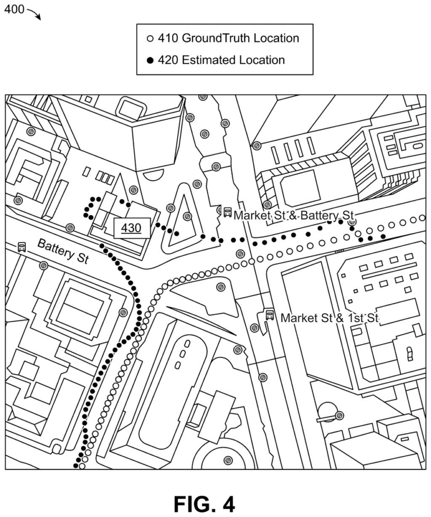 A map showing a device's actual path (ground truth) and its estimated path, highlighting location inaccuracies. Drawing from patent filing US 2026/0299137 A1.