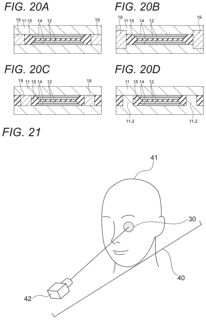 A person's eye being scanned by a light-projecting device, possibly for an augmented reality or vision correction system. Drawing from patent filing US 2026/0299167 A1.